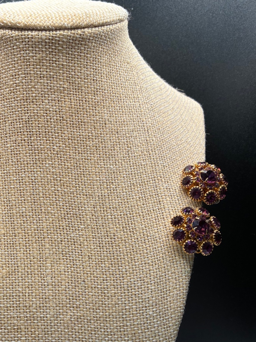 Vintage Amethyst Rhinestone Gold-Tone Cluster Clip-on Earrings